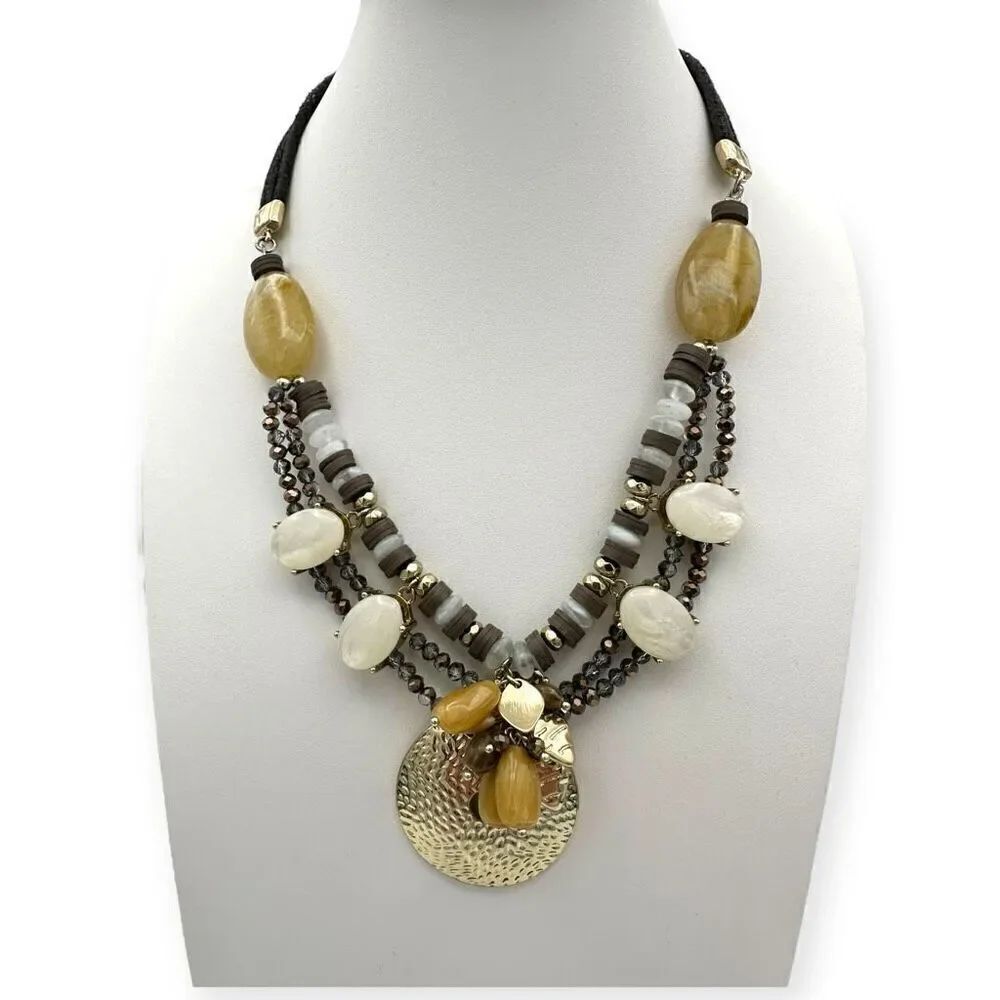 Chico's costume necklace, black strand with beads statement earth tones